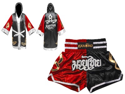Vestaglia da Thai Boxe e Pantaloncini Muay Thai : Set-143-Rosso-Nero