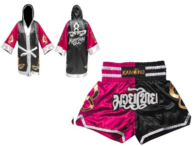 Vestaglia da Thai Boxe e Pantaloncini Muay Thai : Set-143-Rosa-Nero