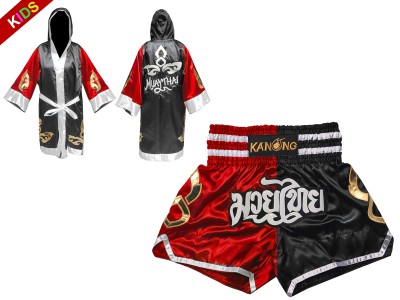 Vestaglia e Pantaloncini Muay Thai per Bambino : Set-143-Rosso-Nero