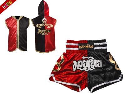 Felpe con cappuccio e Pantaloncini Muay Thai per Bambino : Set-143-Rosso-Nero