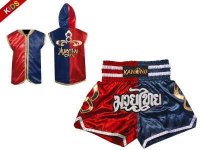 Felpe con cappuccio e Pantaloncini Muay Thai per Bambino : Set-143-Rosso-Blu navy