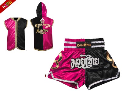 Felpe con cappuccio e Pantaloncini Muay Thai per Bambino : Set-143-Rosa-Nero