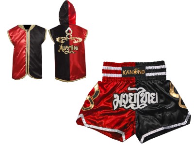 Felpa con cappuccio e Pantaloncini Muay Thai : Set-143-Rosso-Nero