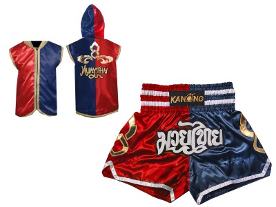 Felpa con cappuccio e Pantaloncini Muay Thai : Set-143-Rosso-Blu navy