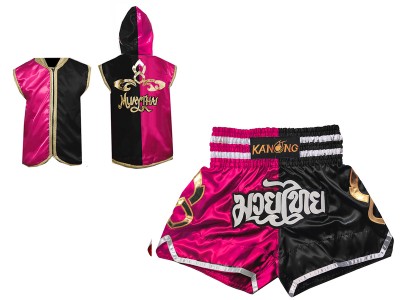 Felpa con cappuccio e Pantaloncini Muay Thai : Set-143-Rosa-Nero