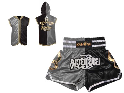 Felpa con cappuccio e Pantaloncini Muay Thai : Set-143-Argento-Nero