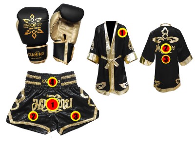 Set di guanti da Kickboxing + pantaloncini personalizzati + vestaglia personalizzata: Thai Power Nero
