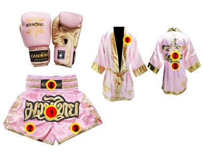 Set di guanti da Boxe + pantaloncini personalizzati + vestaglia personalizzata: Thai Power Rosa