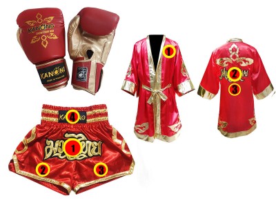 Set di guanti da Muay Thai + pantaloncini personalizzati + vestaglia personalizzata: Thai Power Rosso