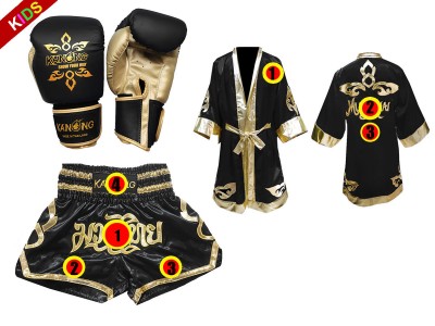 Set di guanti da Boxe + pantaloncini personalizzati + vestaglia personalizzati per bambini: Thai Power Nero