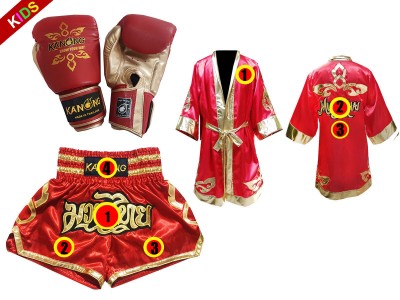 Set di guanti da Muay Thai + pantaloncini personalizzati + vestaglia personalizzata per bambini: Thai Power Rosso