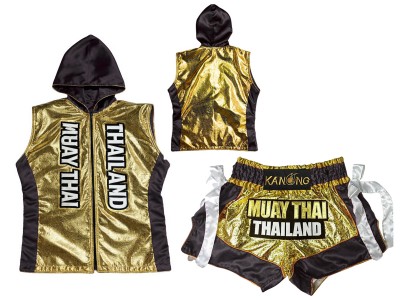 Felpa con cappuccio e Pantaloncini Muay Thai con il nome : KNHODSET-004-Oro-Nero