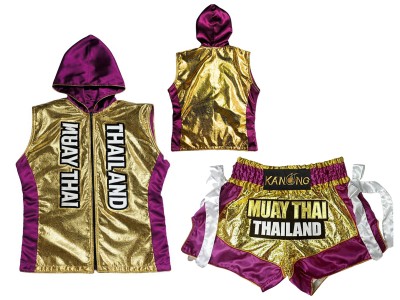 Felpa con cappuccio e Pantaloncini Muay Thai con il nome : KNHODSET-004-Oro-Viola