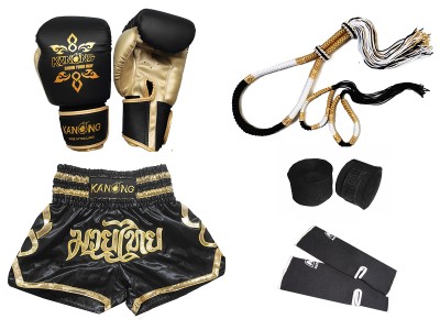 Guanti da boxe e pantaloncini abbinati a un set completo di attrezzatura Muay Thai : Set-121-Nero
