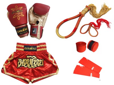 Guanti da boxe e pantaloncini abbinati a un set completo di attrezzatura Muay Thai : Set-121-Rosso