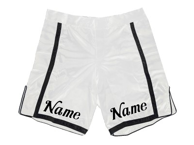 Pantaloncini MMA dal design personalizzato con nome o logo: bianco-nero