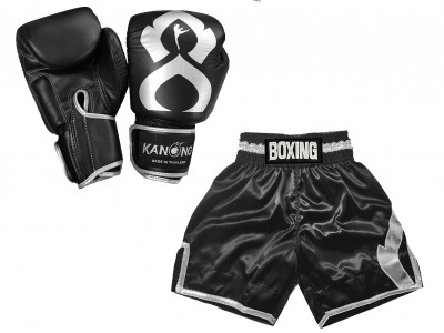 Guantoni Thai boxe e Pantaloncini da boxe : KNCUSET-201-Nero-Argento