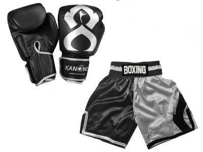 Guantoni Thai boxe e Pantaloncini da boxe : KNCUSET-202-Nero-Argento