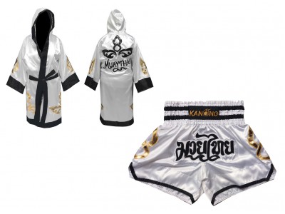 Vestaglia da Thai Boxe e Pantaloncini Muay Thai : Set-143-Bianca