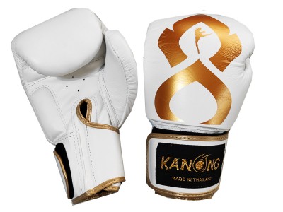 Guantoni boxe Kanong in vera pelle : "Thai Kick" Bianca-Oro