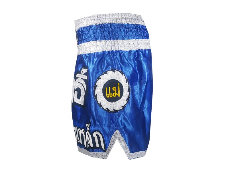 RUNQHUI Bambino Ragazzo Short Boxe Thai MMA Kick Boxing Pantalone Corto Sport Allenamento Fitness, Blu e argento, 5-6 Anni