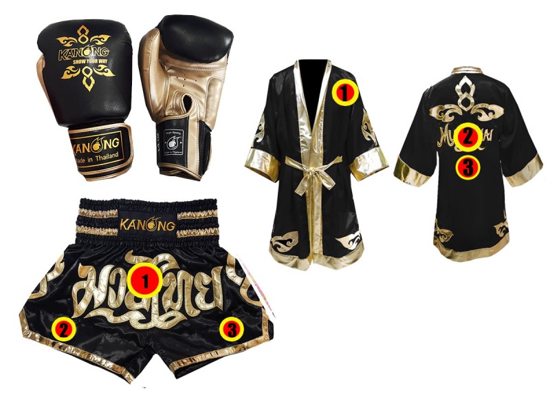 Set di guanti da Muay Thai + pantaloncini personalizzati + vestaglia personalizzata: Thai Power Nero