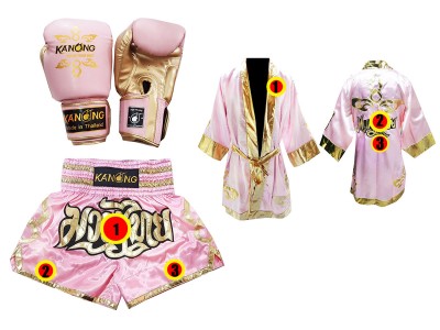Set di guanti da Muay Thai + pantaloncini personalizzati + vestaglia personalizzata: Thai Power Rosa