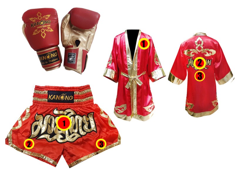 Set di guanti da Muay Thai + pantaloncini personalizzati + vestaglia personalizzata: Thai Power Rosso