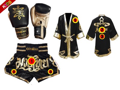 Set di guanti da Muay Thai + pantaloncini personalizzati + vestaglia personalizzata per bambini: Thai Power Nero