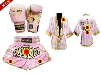 Set di guanti da Muay Thai + pantaloncini personalizzati + vestaglia personalizzata per bambini: Thai Power Rosa
