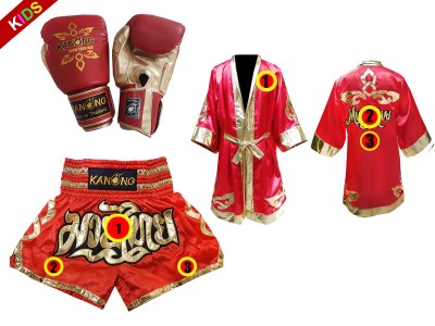Set di guanti da Muay Thai + pantaloncini personalizzati + vestaglia personalizzata per bambini: Thai Power Rosso
