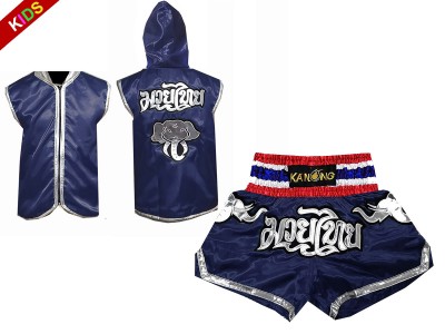 Felpa con cappuccio con zip da Boxe e Pantaloncini Muay Thai per Bambino : Model 125-Marina