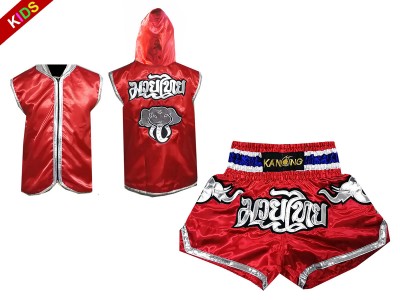 Felpe con cappuccio con zip da Boxe e Pantaloncini Muay Thai per Bambino : Model 125-Rosso