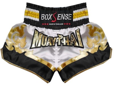 Pantaloncini de Muay Thai BOXSENSE : BXS-099-Bianca-Nero