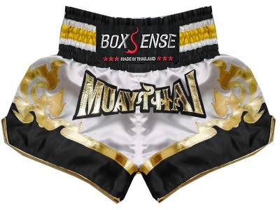 Pantaloncini de Muay Thai Boxsense : BXS-099-Bianca-Nero