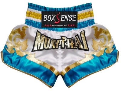 Pantaloncini de Muay Thai BOXSENSE : BXS-099-Bianca-Azzurro