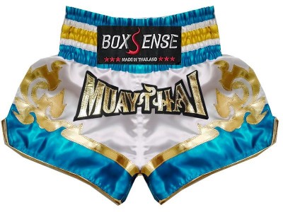 Pantaloncini de Muay Thai Boxsense : BXS-099-Bianca-Azzurro