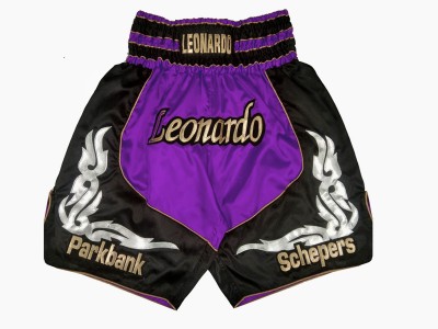 Pantaloncini da boxe satinati personalizzati : KNBXCUST-2035-Porpora-Nero