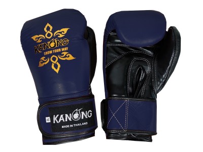 Guantoni Thai Boxe Kanong in vera pelle : Blu marino/Nero