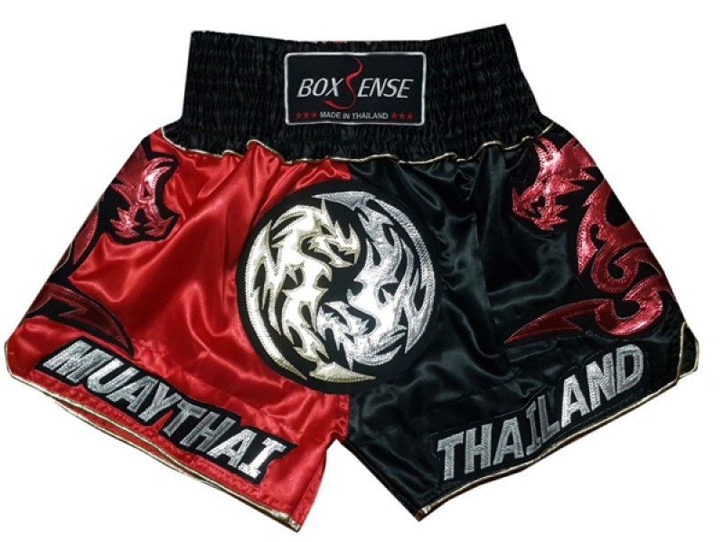 Pantaloncini Muay Thai BOXSENSE : BXS-003-Rosso-Nero